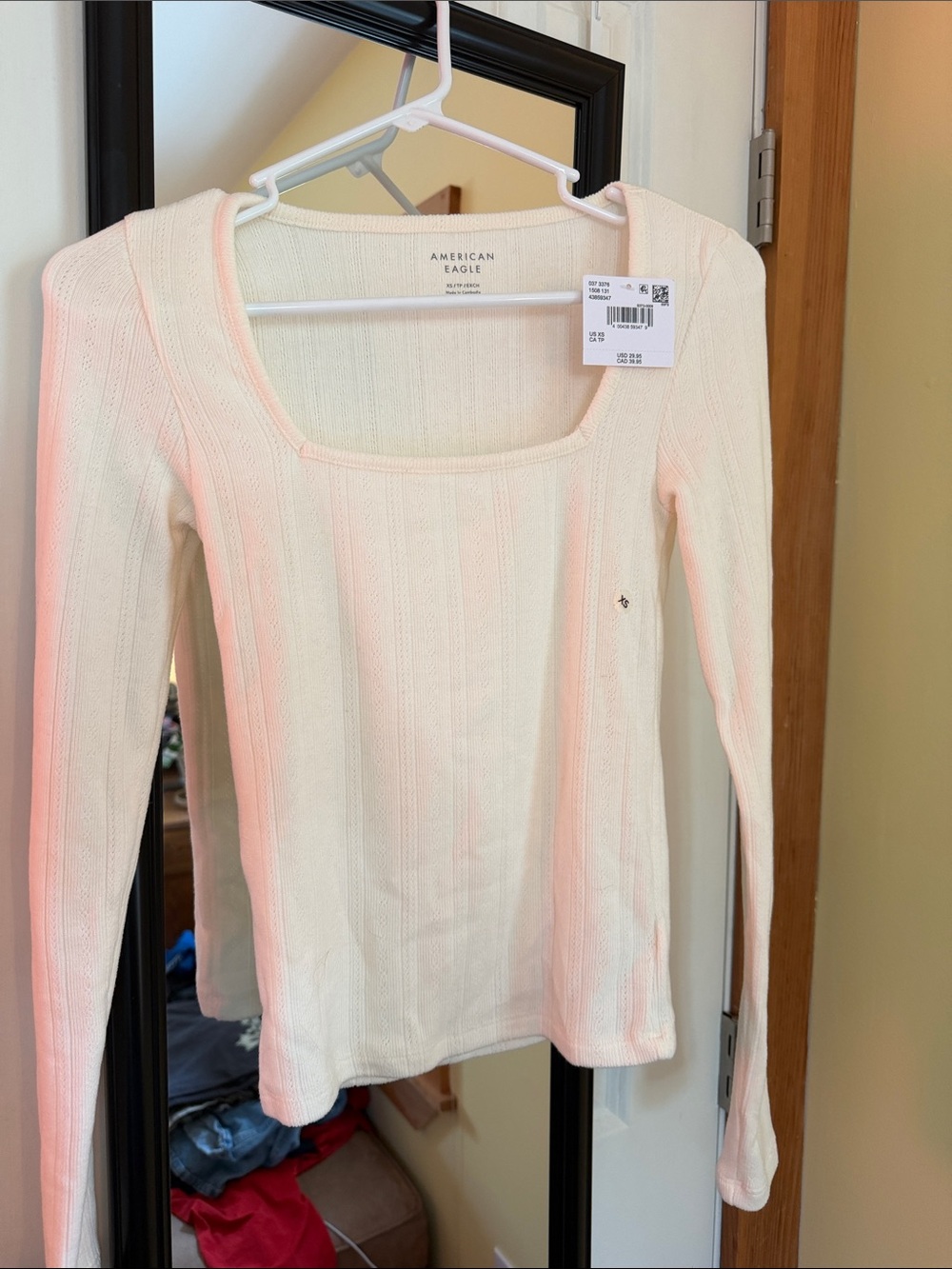 American Eagle Outfitters Cream Ribbed Square-Neck Long Sleeve Top